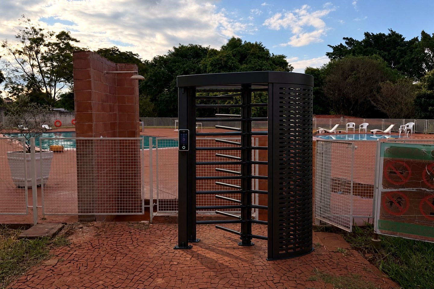 Simulação conceitual de torniquete facial na entrada da piscina
